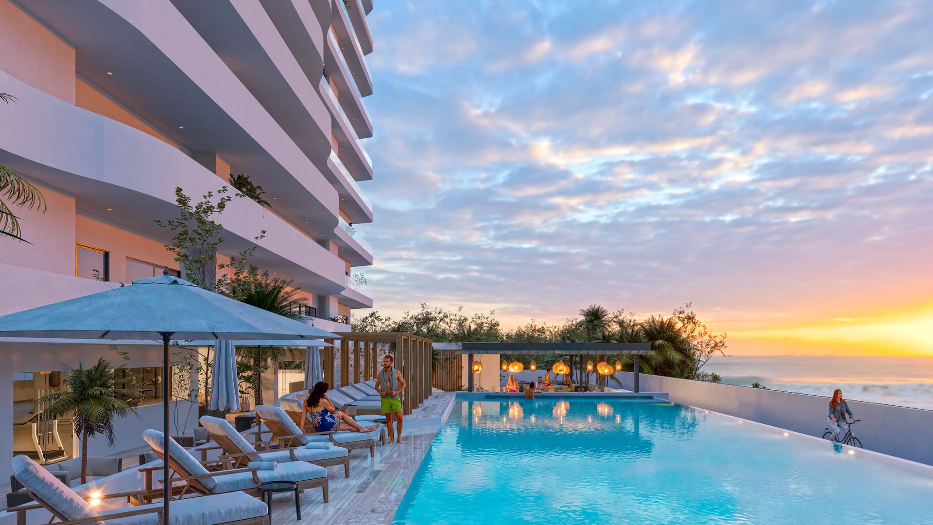 Ocean Towers — alberca al atardecer frente al mar